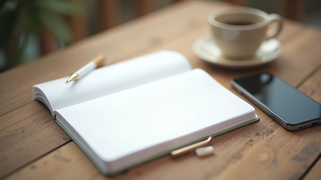 Notebook with pen and smartphone on desk showing communication interface design