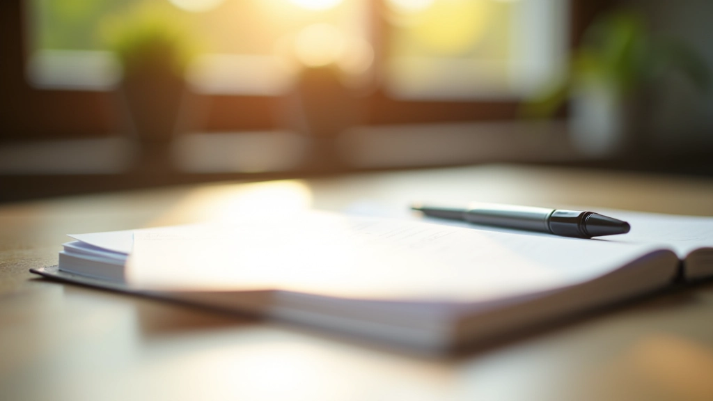 Close-up of notebook with handwritten notes and pen on wooden desk, morning sunlight from window
