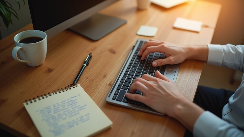Hands typing on keyboard with coffee cup nearby on wooden desk in cozy workspace