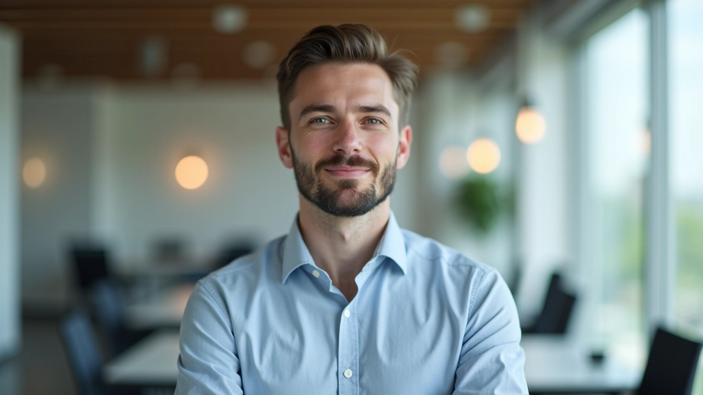 Person looking at tablet screen with focused expression in modern office setting with natural light