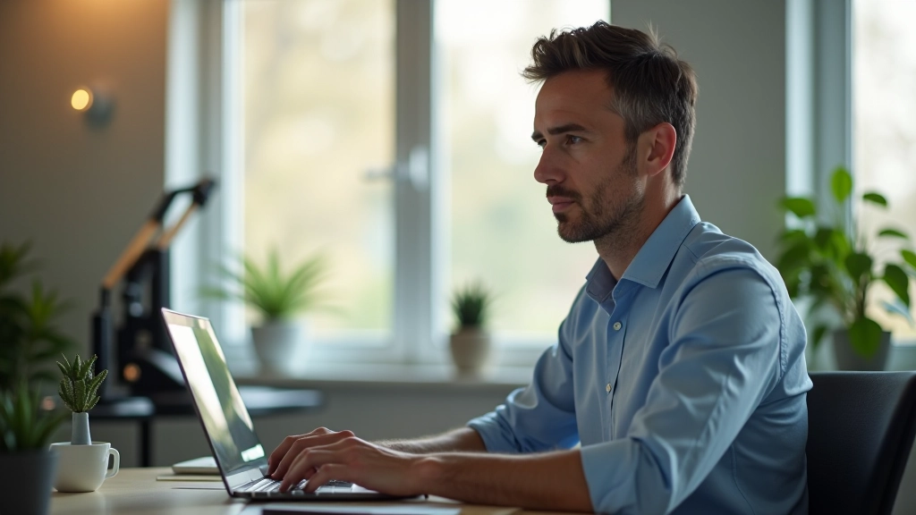 Person sitting at desk with laptop, coffee cup nearby, morning light from window, focused on screen, upper body shot
