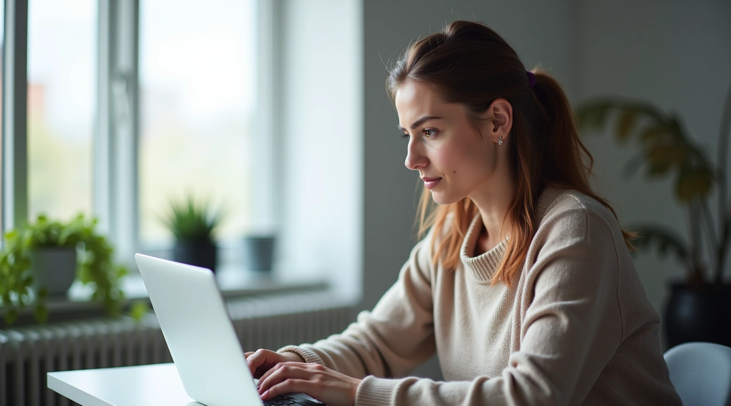 Woman sitting at laptop reading on screen with thoughtful expression in bright modern office