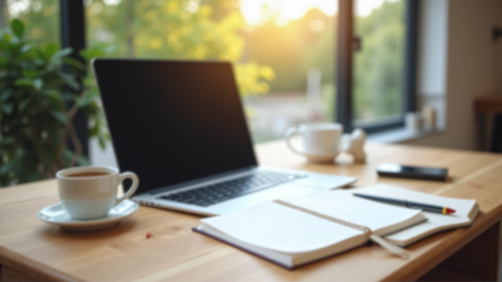 Desk setup with laptop showing blank screen, notebook, pen, and coffee cup on wooden surface, morning light from window